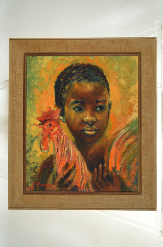 Detail i: Koenen o.ä., datiert 1966, Porträt eines afrikanischen Mädchen mit Hahn, Öl/Hartfaser, rechts unten signiert und dat., ca. 50x40cm, R.