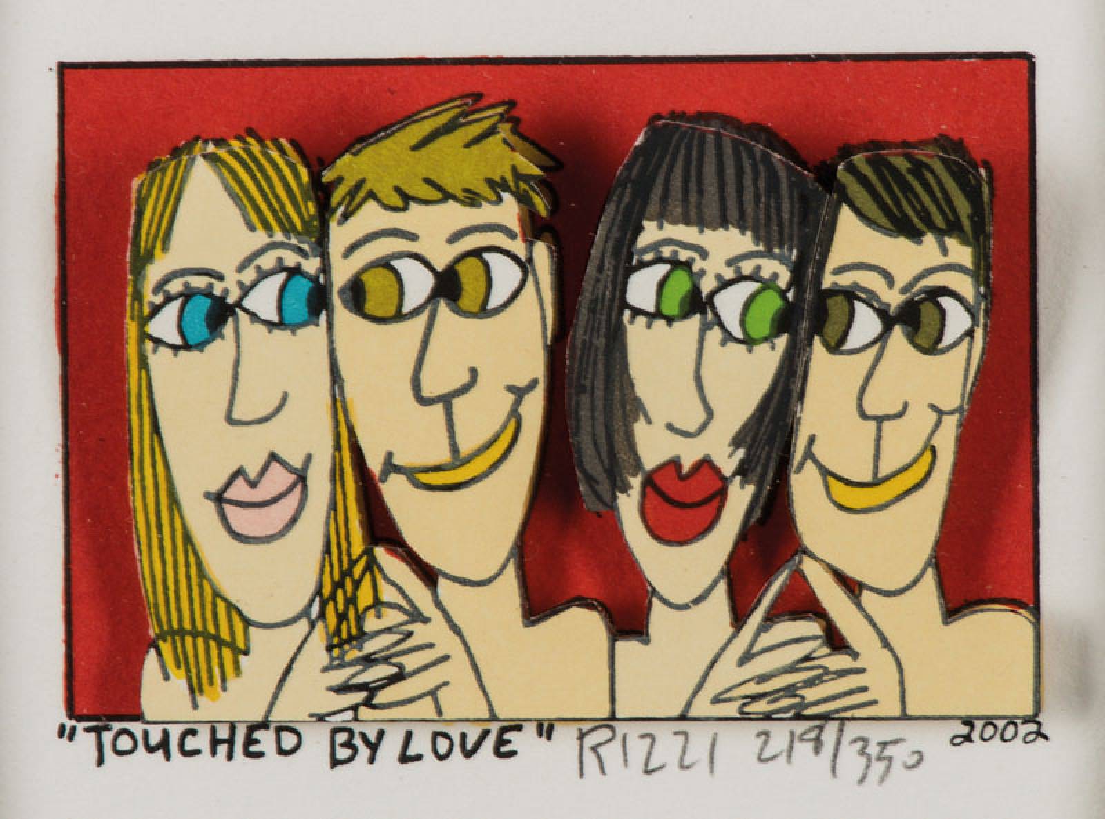 James Rizzi, 1950-2011, Touched by Love, 3D-Lithografie, handsign., dat. 2002, num. 218/350, Motiv 5,5x7,5 cm, unter Glas gerahmt,gesamt 25,5x25 cm