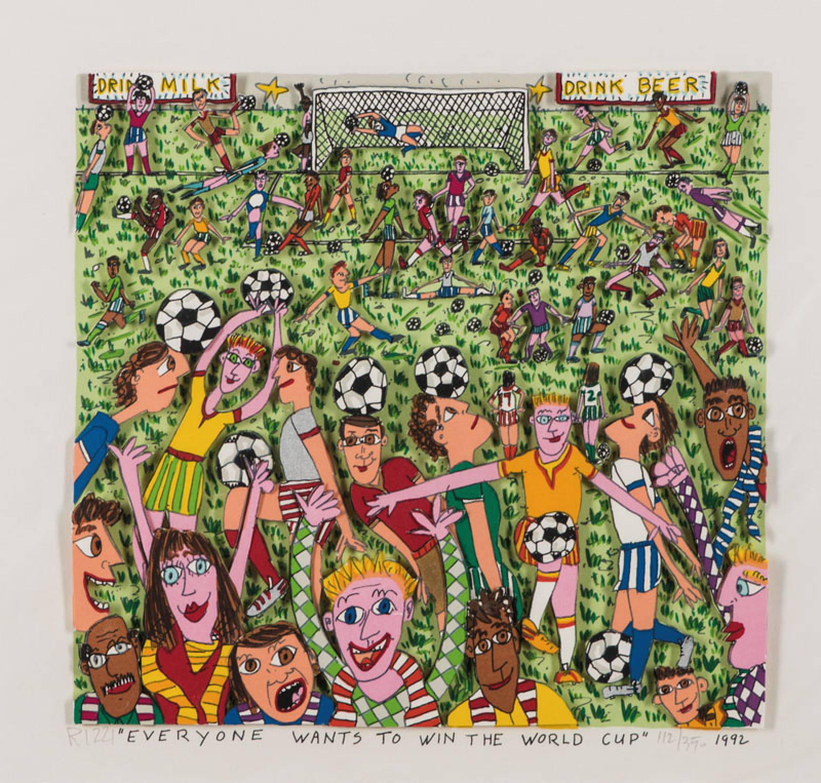 James Rizzi, 1950-2011, Everyone wants to win the Worldcup, 3D-Lithografie, handsign., dat. 1992, num. 112/350, Motiv 22x23 cm, Blattgr. 30x30 cm