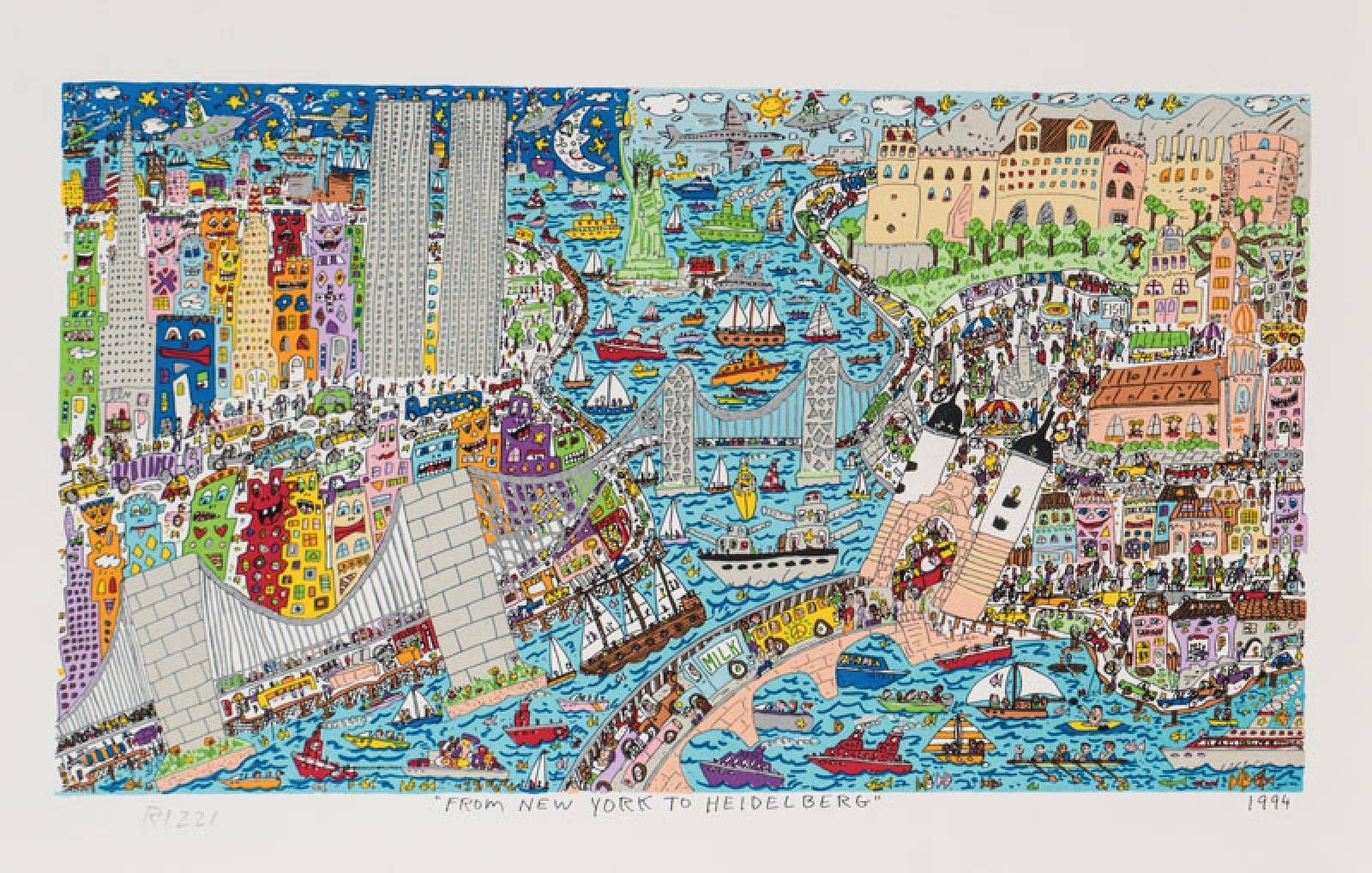 James Rizzi, 1950-2011, From New York to Heidelberg, Lithografie, handsign., dat. 1994, Motiv 28,5x50,5 cm, Blattgr. 38x61 cm