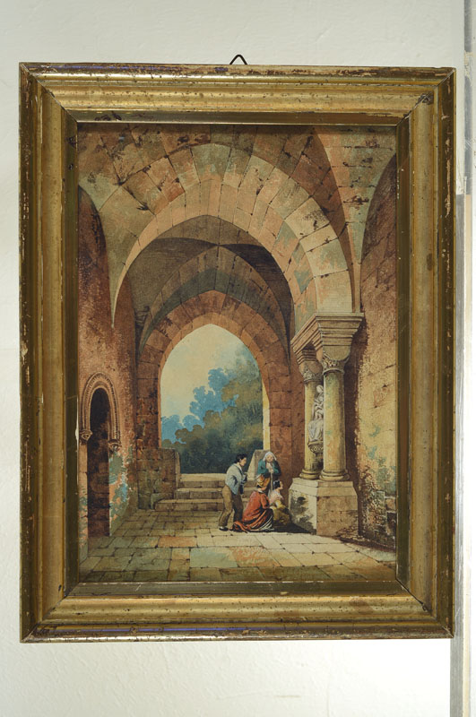 Detail e: Biedermeiermaler um 1830, Andacht, Aquarell, betende Familie vor Marienskulptur, gekonnte Darstellung der Zerfallsmetaphorik, gute Wiedergabe der ...