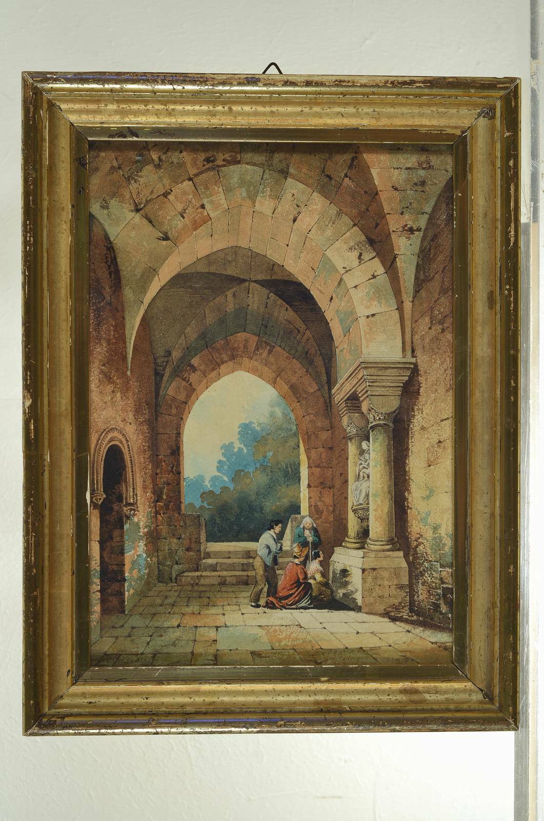 Detail f: Biedermeiermaler um 1830, Andacht, Aquarell, betende Familie vor Marienskulptur, gekonnte Darstellung der Zerfallsmetaphorik, gute Wiedergabe der ...