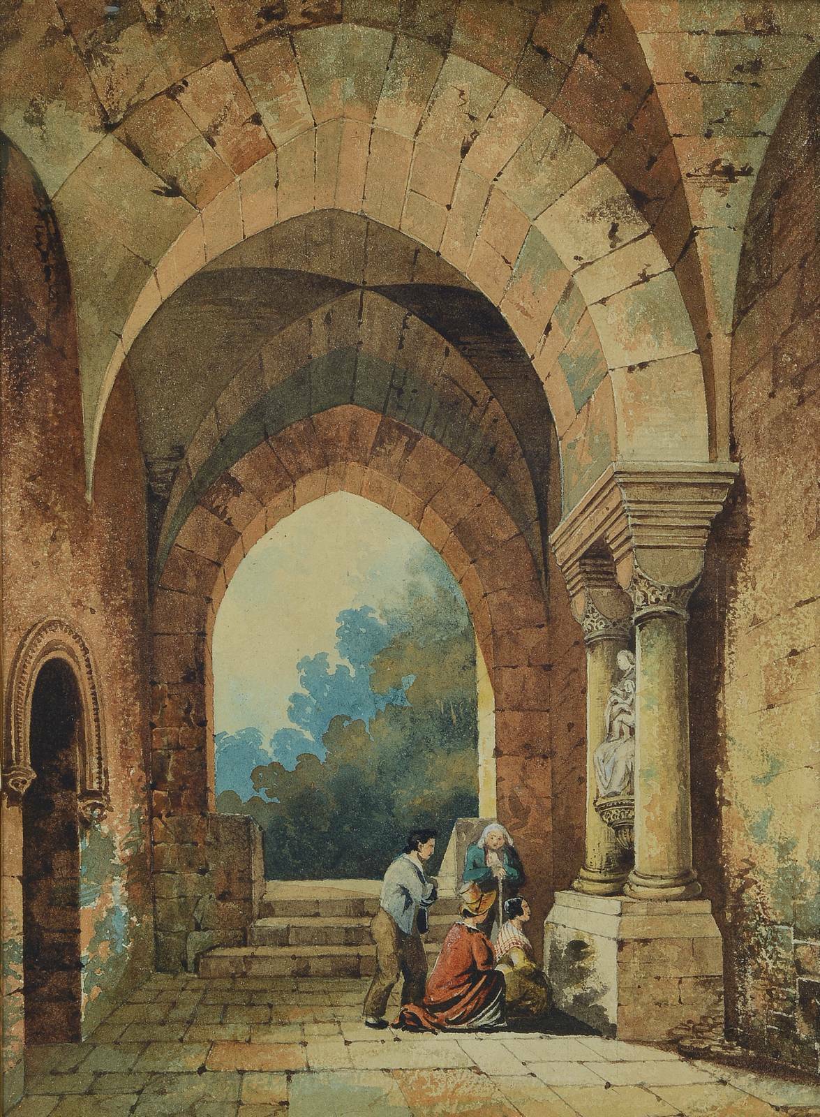 Detail g: Biedermeiermaler um 1830, Andacht, Aquarell, betende Familie vor Marienskulptur, gekonnte Darstellung der Zerfallsmetaphorik, gute Wiedergabe der ...