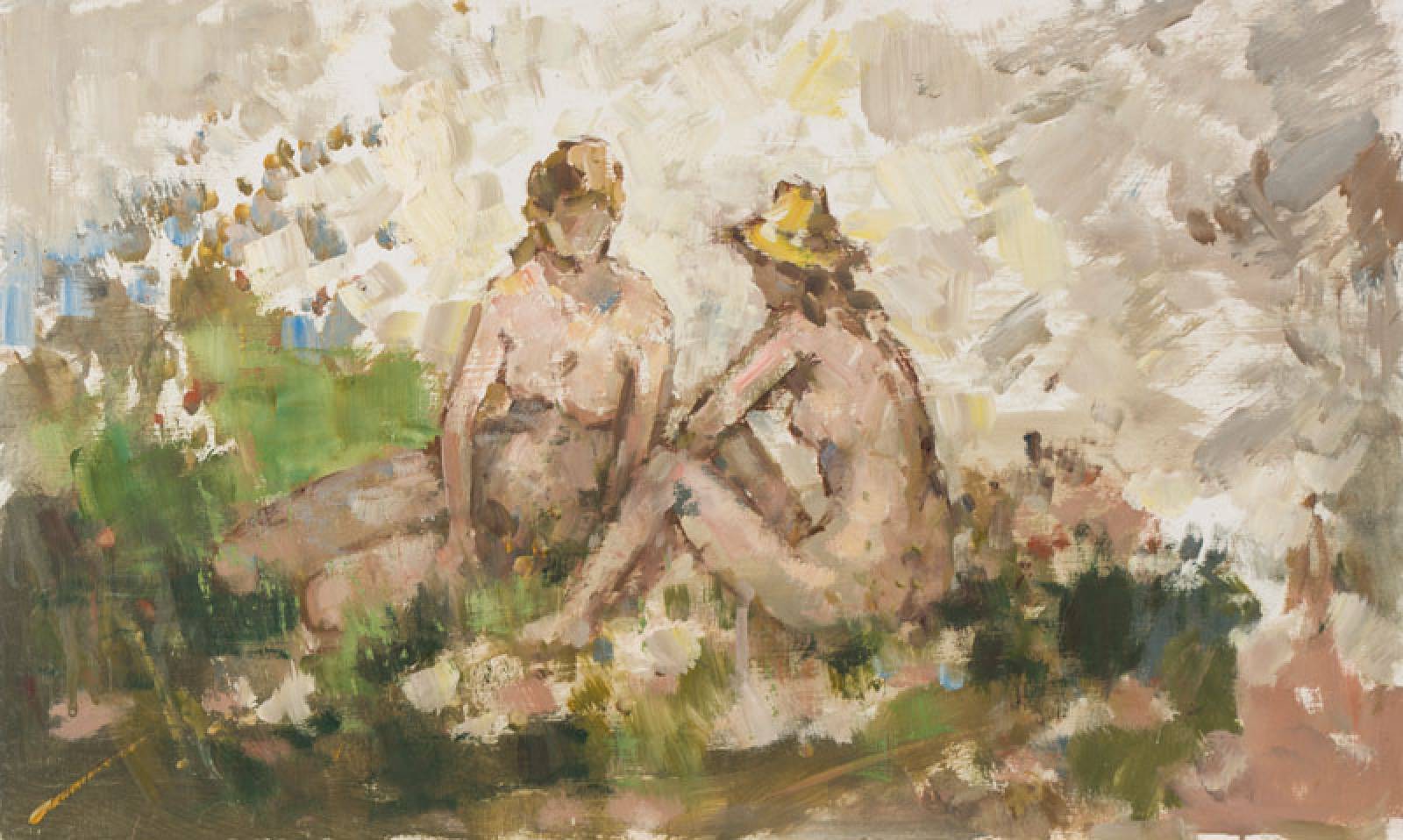 Alexander Kardin, 1917-1976, zwei Akte beim Sonnenbaden, Öl/Hartfaser, verso Nachlassstempel, ca. 30x50 cm