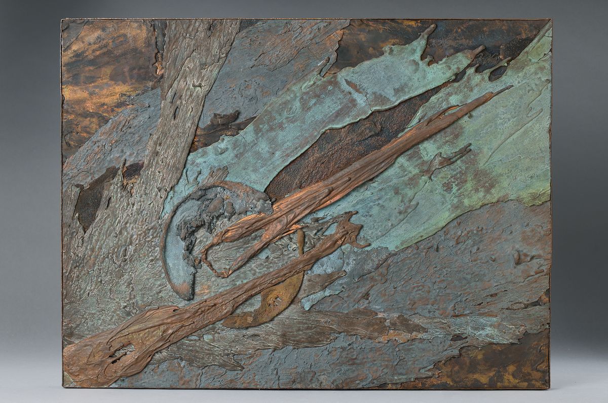 Maria Federer, Metallkomposition auf Holz, verso sign., dat.1969, ca. 46x61 cm