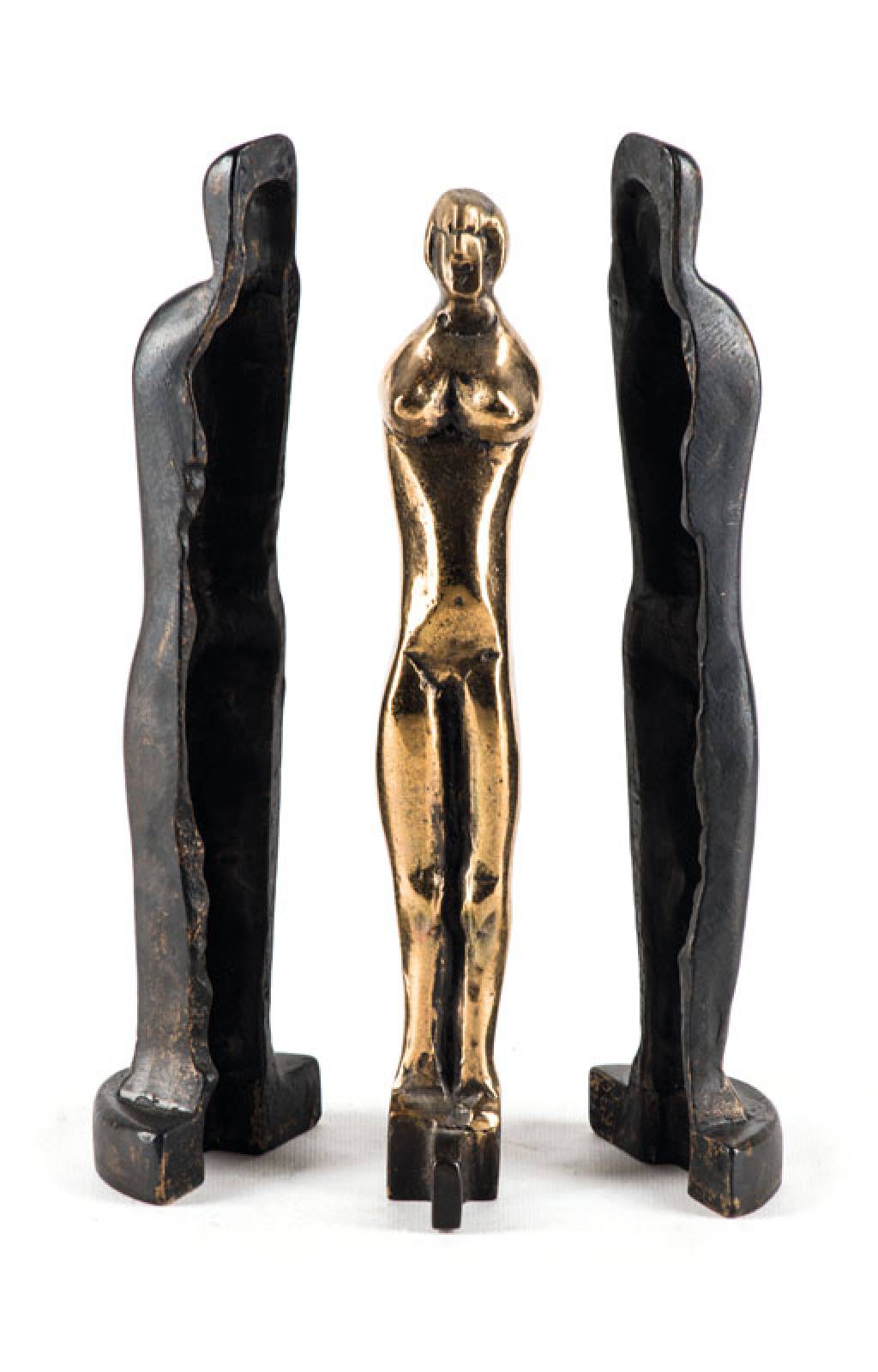 Helmut Lander, 1924 Weimar-2013 Darmstadt, Stehender, 3-teilige Skulptur, Bronze und Eisen, monogram. La, ca. 28x8x8 cm