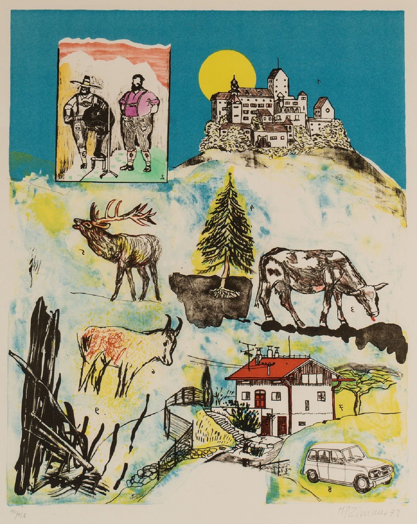H.P. Zimmer , Konvolut aus 2 Lithografien, eins davon ist gerahmt, je sign., unterschiedlich datiert, ca. 69,5x49,5 cm