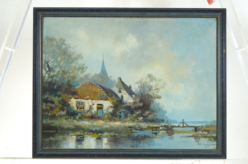 Detail i: Robert Verheijen, 1877 Amsterdam-1960, Gehöft an Uferlandschaft, Öl/Lwd, rechts unten signiert, ca. 30x40cm, R.