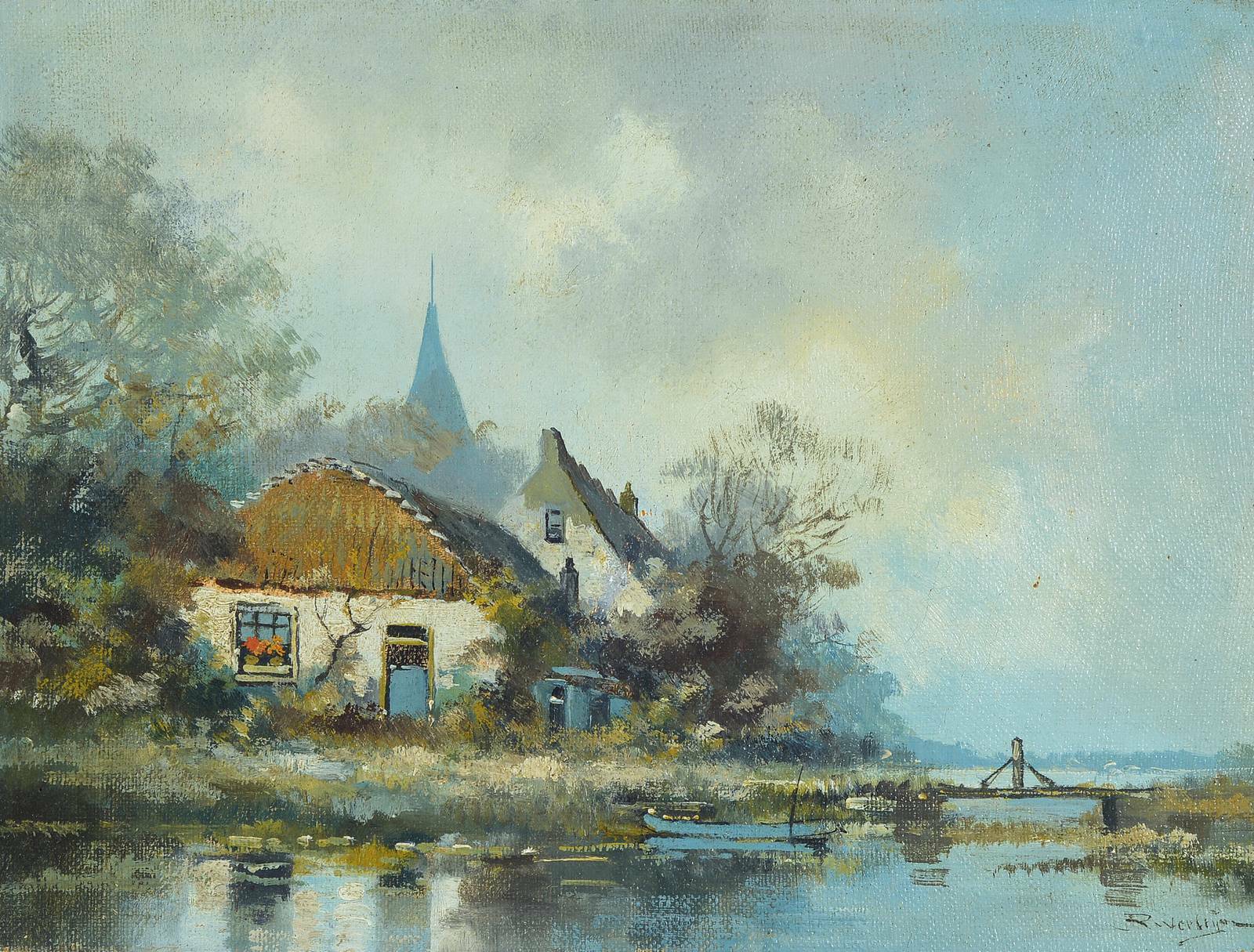 Detail k: Robert Verheijen, 1877 Amsterdam-1960, Gehöft an Uferlandschaft, Öl/Lwd, rechts unten signiert, ca. 30x40cm, R.