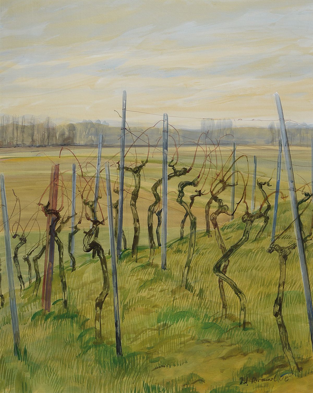Werner Brand, geb. 1933 Löbau, Weinreben, Aquarell, sign., dat. 2008, PP-Ausschnitt 54,5x44 cm, unter Glas gerahmt, gesamt 79x69 cm