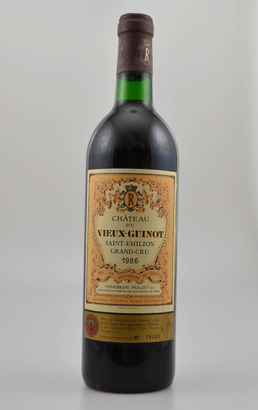 1 Flasche 1986 Chateau Vieux-Guinot, Saint-Emilion Grand Cru, ca. 75 cl, 12,5 % Vol., Füllstand: ca. into neck, guter Erhaltungszustand, unverkostet