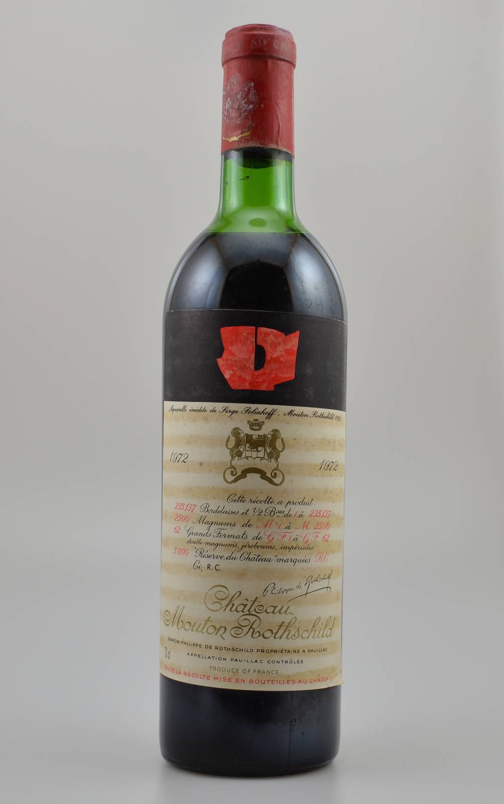 1 Flasche 1972 Chateau Mouton Rothschild, Premier Grand Cru Classe, ca. 73 cl, filling level: ca. upper mid shoulder, Etikett gebräunt sonst guter ...