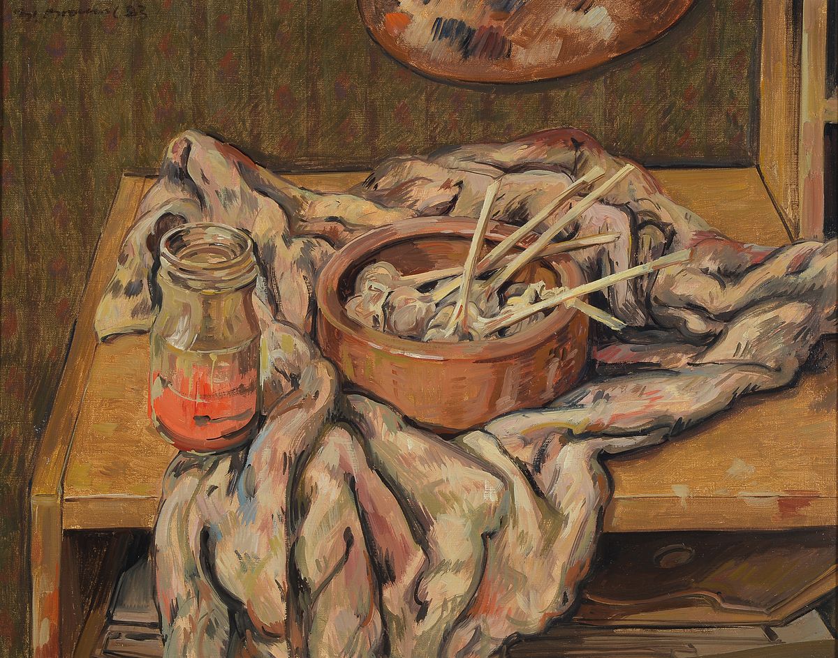 Werner Brand, geb. 1933 Löbau, ansässig in der Pfalz, Stillleben mit Knoblauch, Öl/Lwd, links oben signiert und dat. 83, ca. 40x50cm, R.