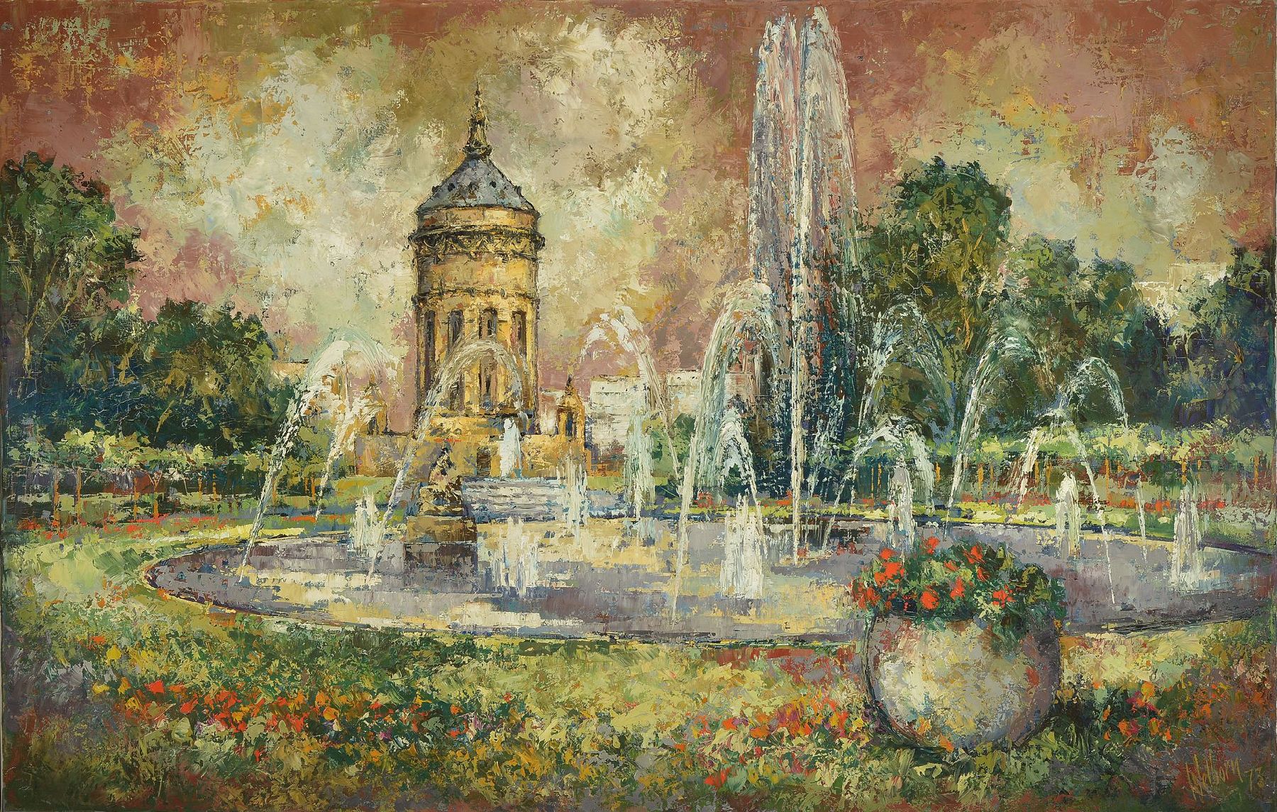 Herbert Hofmann-Welborn, 1925-2001, Blick auf den Mannheimer Wasserturm, Öl/Lwd, rechts unten signiert und dat. 73, ca. 82x 126cm, R.