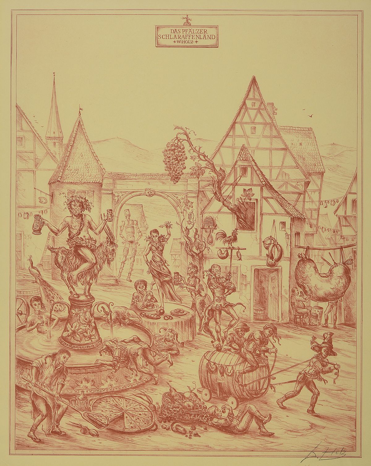 Werner Holz, 1948 Grünstadt-1991 Ludwigshafen, zwei Lithographien: "Die Freuden der Pfalz" und "Das Pfälzer Schlaraffenland", ...