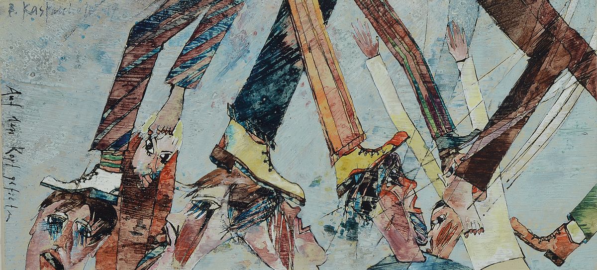 Bernd Kastenholz, geb. 1949 Speyer, tätig in Gleisweiler, Studium an der Akademie Stuttgart, hier: Auf den Kopf getreten, Öl und Gouache auf ...