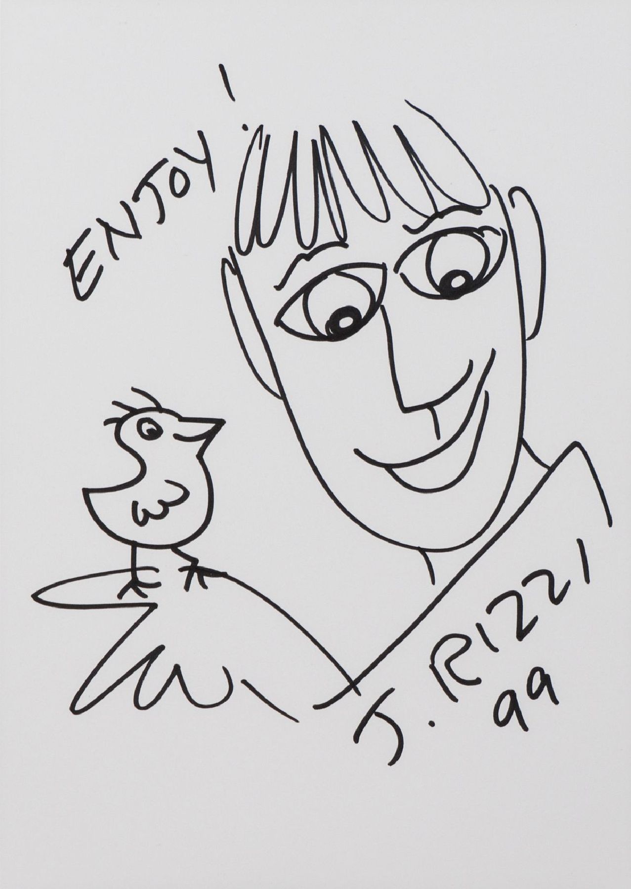 James Rizzi, 1950-2011, Enjoy, Filzstiftzeichnung, handsigniert, datiert 1999, Blattgröße ca. 30x21cm, unter Glas gerahmt, Gesamtgrösse ca. 42x33cm