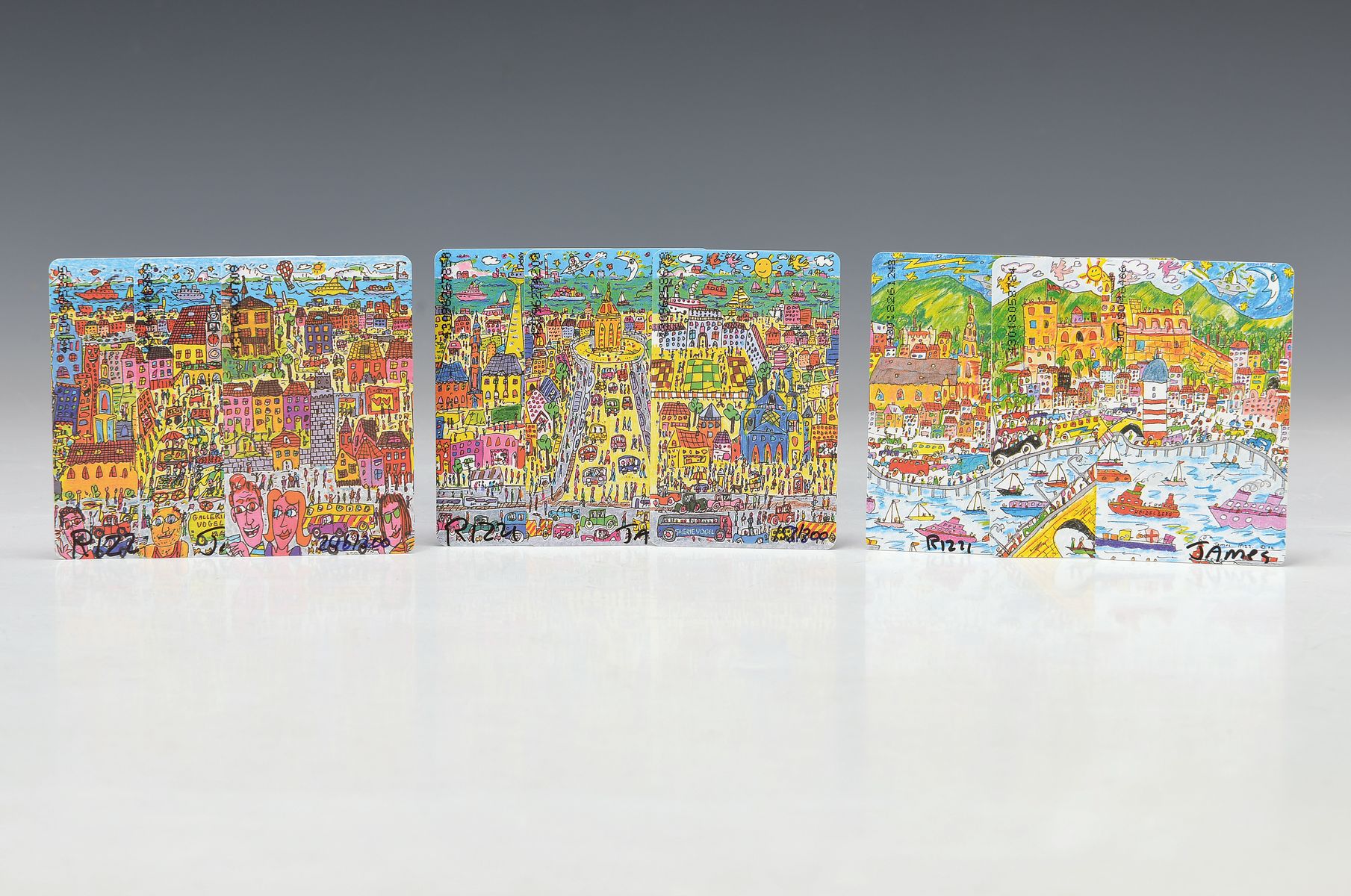James Rizzi, 1950-2011, Konvolut aus 3 Sets Telefonkarten aus der Städteserie, jeweils handsigniert und nummeriert, Heilbronn 246/300, Mannheim ...