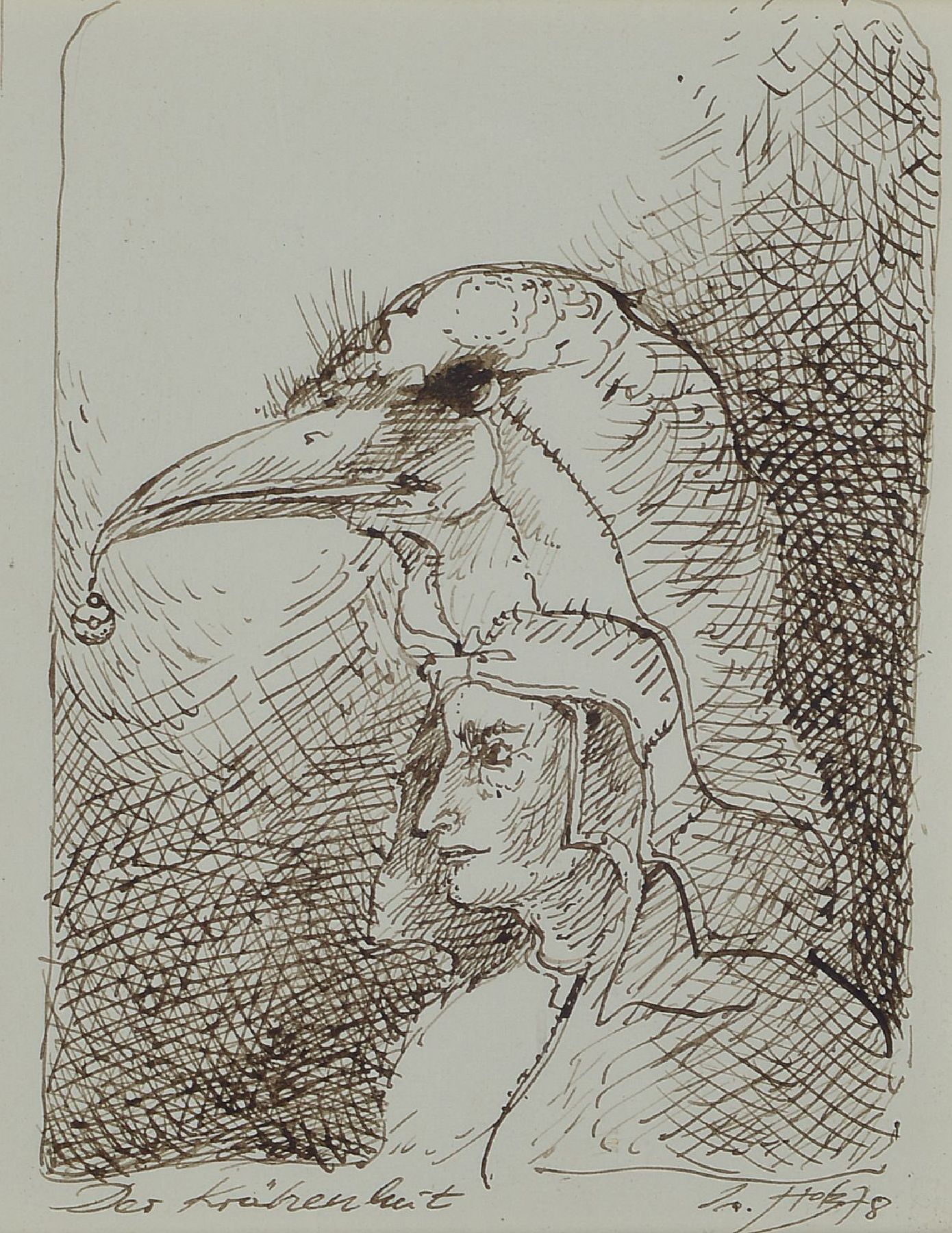 Werner Holz, 1948 Grünstadt/Pfalz-1991 Ludwigshafen, Der Krähenhut, Federzeichnung,betitelt, signiert und datiert 1978, ca. 12x 9cm, u.Gl., R.