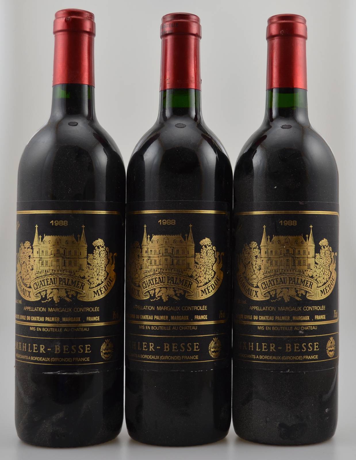 3 Flaschen 1988 Chateau Palmer, Margaux, je ca. 75 cl, 12 % Vol., Füllstände: je ca. into neck, sehr gute Erhaltungszustände, unverkostet