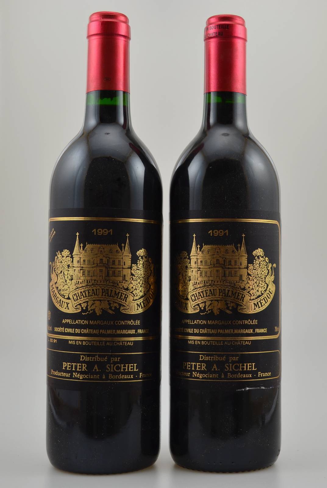 2 Flaschen 1991 Chateau Palmer, Margaux, je ca. 75 cl, 12 % Vol., Füllstände: je ca. into neck, ein Etikett min. besch., sonst sehr gute ...