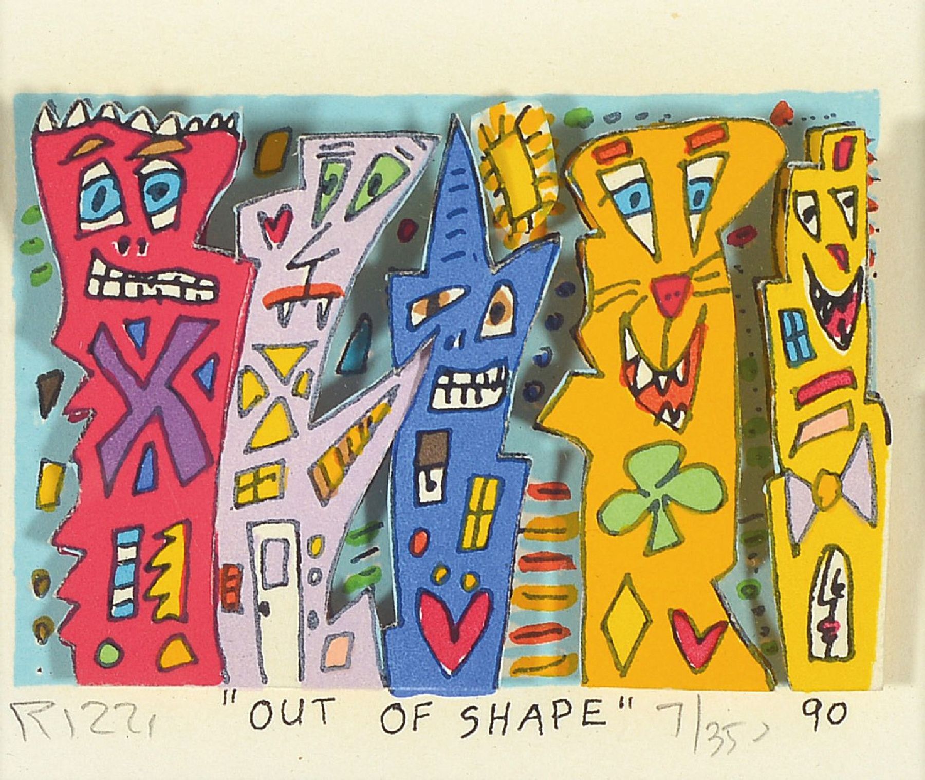 James Rizzi, 1950-2011, Out of Shape, 3D-Konstruktion, handsign., num. 7/350, dat. 90, Motiv 7,8x9,5 cm, unter Glas gerahmt, gesamt 20x25,5 cm