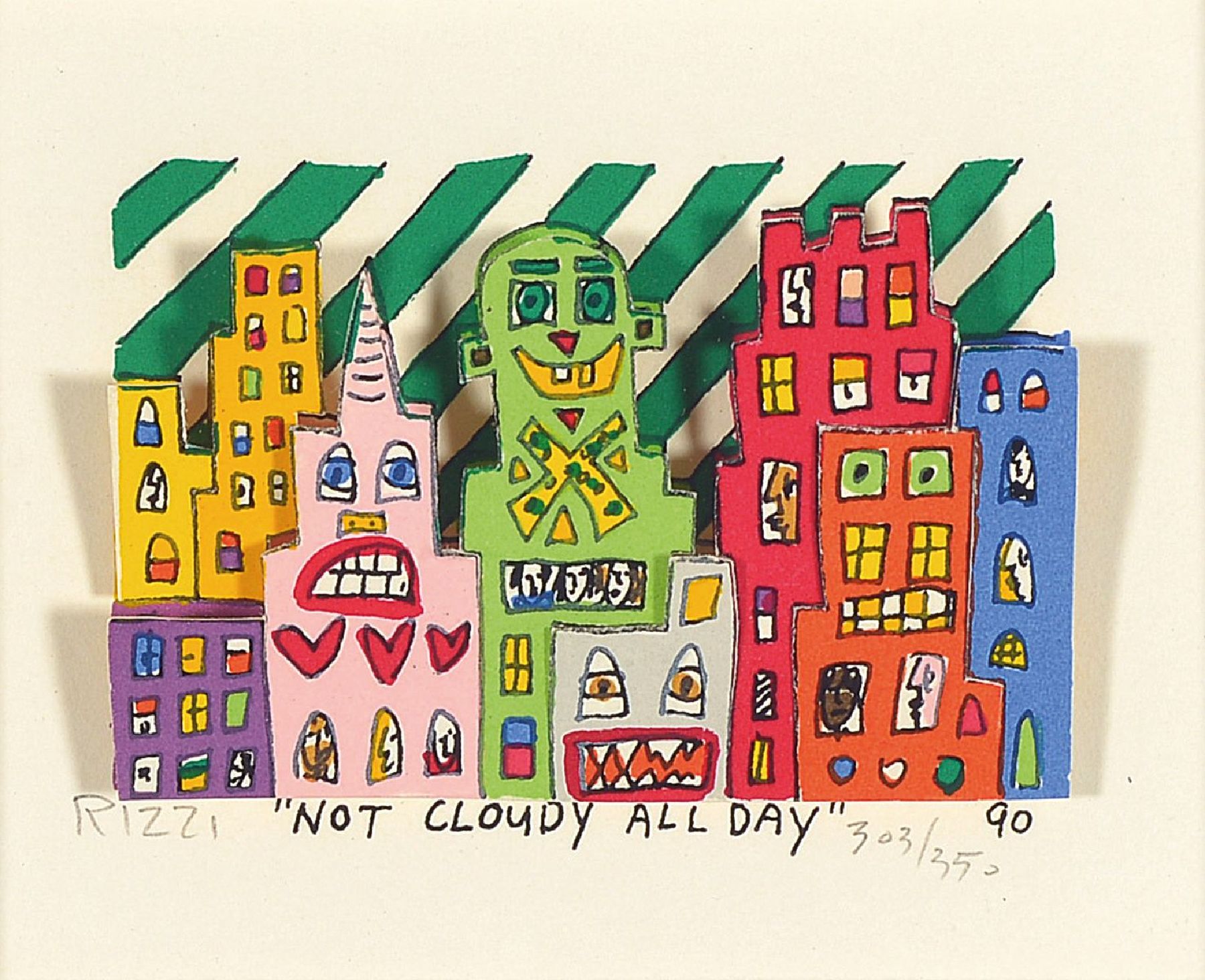 James Rizzi, 1950-2011, Not Cloudy All Day, 3D-Konstruktion, handsign., num. 303/350, dat. 90, Motiv 8,5x10,5 cm, unter Glas gerahmt, gesamt 25x27,5 ...