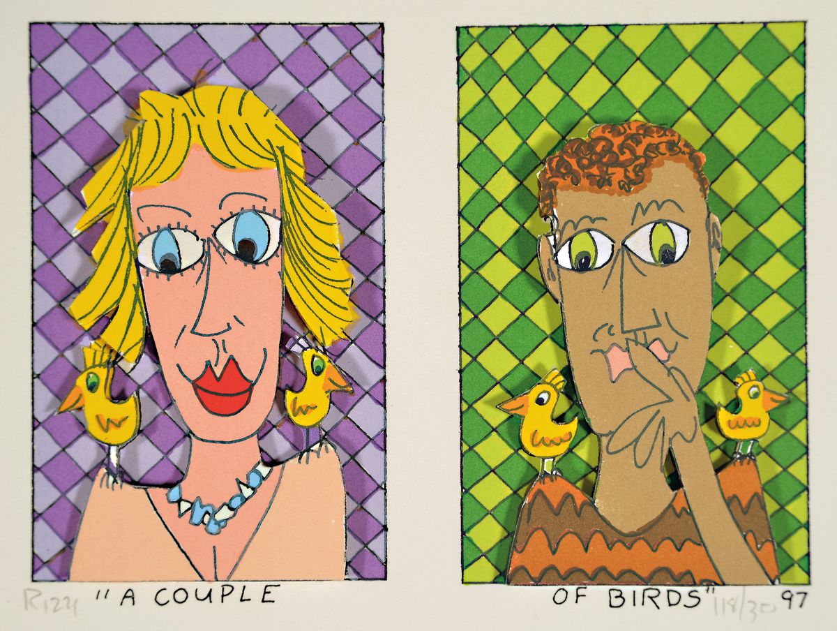 James Rizzi, 1950-2011, A Couple of Birds, 3D-Lithografie, handsign., num. 118/350, dat. 97, Blattgr. 16,5x21 cm, am oberen Rand leichten Fleck ...