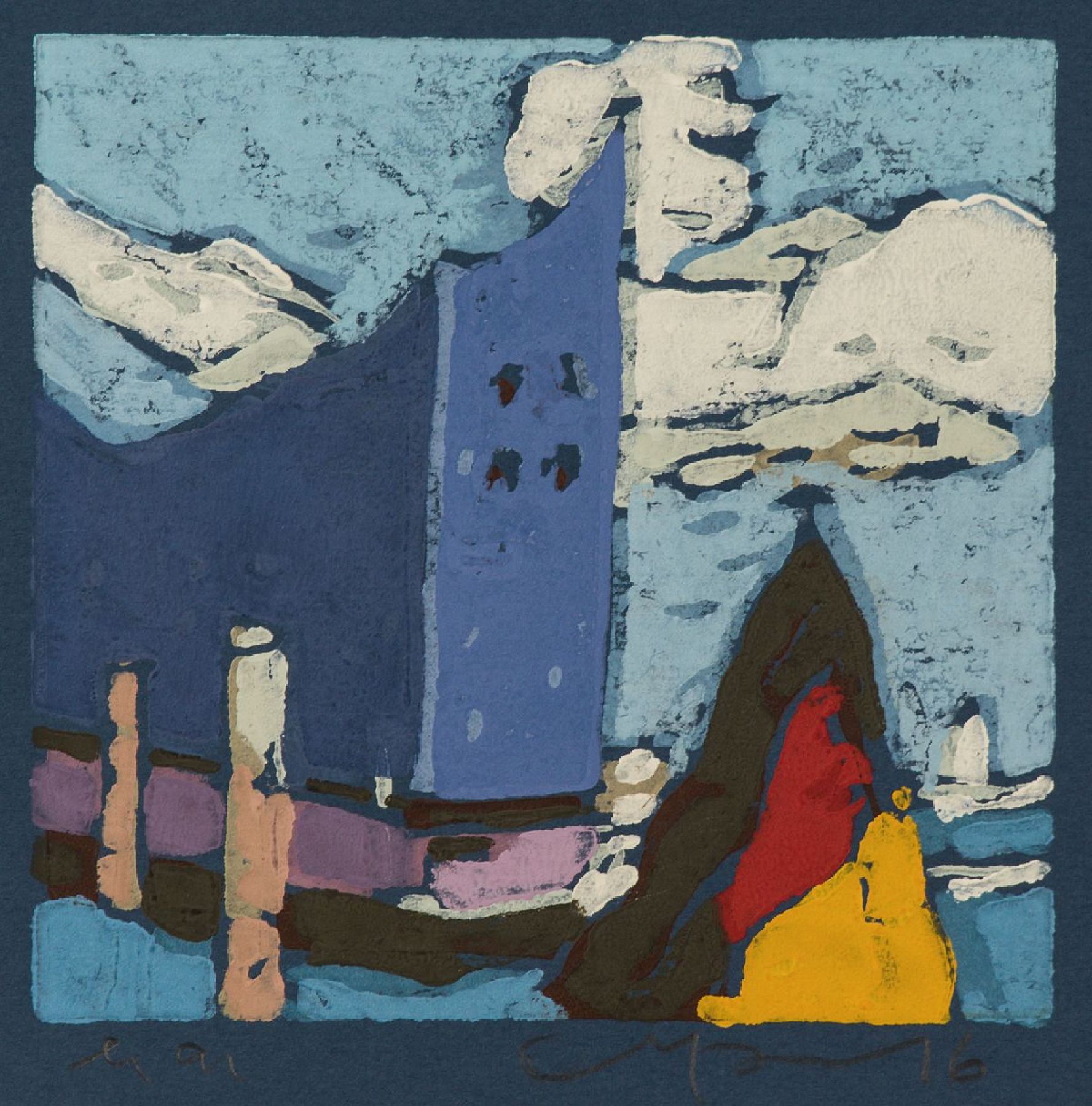 Klaus Fussmann, geb. 1938, Elbphilharmonie, Farblinolschnitt, handsign., bezeichnet e.a., Blattgr. 18,5x18 cm