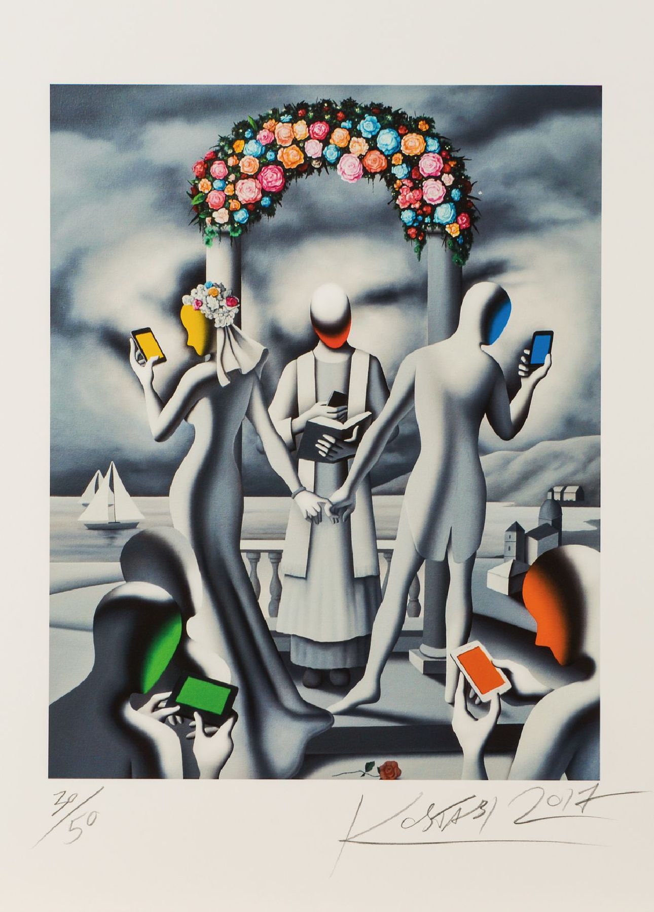 Mark Kostabi, geb. 1960, Till text do us apart, Farbserigraphie, handsign., dat. 2017, num. 30/50, Blattgr. 61x48,5 cm