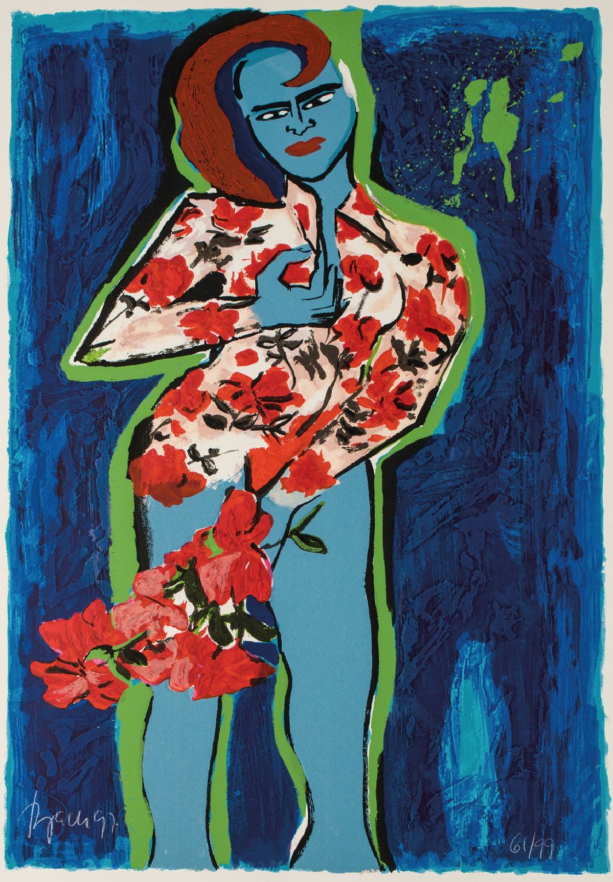 Elvira Bach, geb. 1951, Blaue Frau, Farbserigraphie, handsign., num. 61/99, Blattgr. 120x83 cm