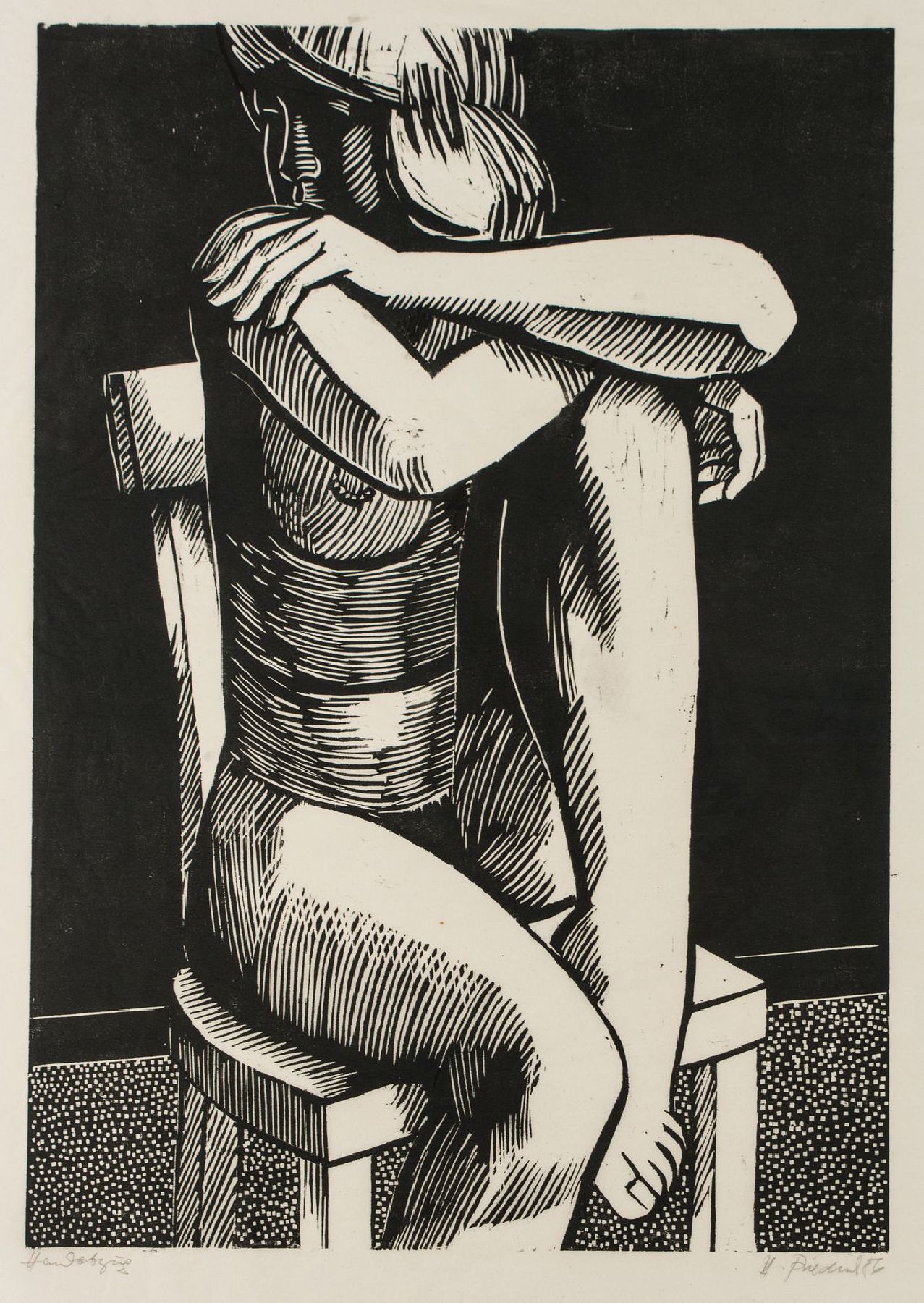 Heinz Friedrich, geb. 1924, Sitzender weiblicher Akt, Holzschnitt, Handabzug, handsign., vermutl. Unikat, Blattgr. 100x63 cm