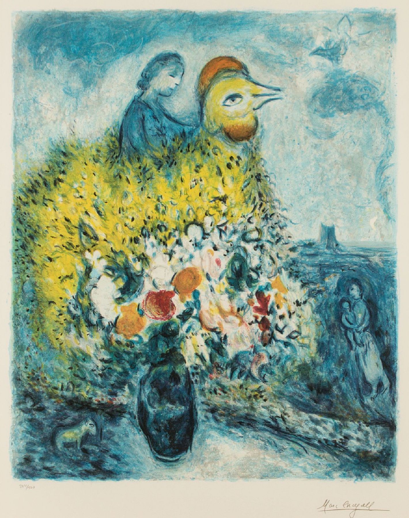 Marc Chagall, 1887-1985, Le coq avec le bouquet jaune, Farblithographie, drucksign., num. 284/800, PP-Ausschnitt 77x60 cm, unter Glas gerahmt, gesamt ...