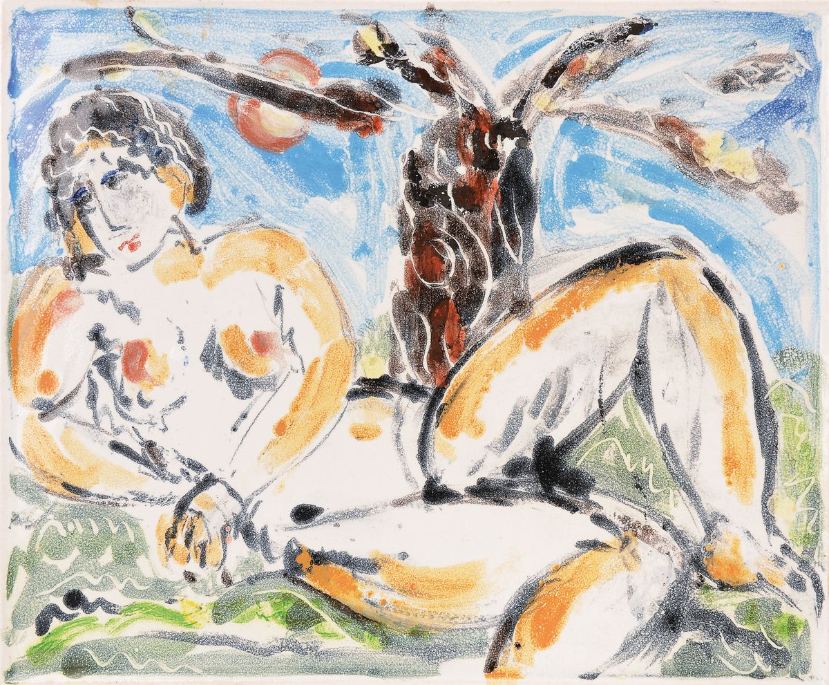 Elisabeth Mack-Usselmann, geb. 1927, Liegender weiblicher Akt, Keramik, Karlsruher Majolika, verso sign, dat. 1997, als Unikat bezeichnet, ca. ...