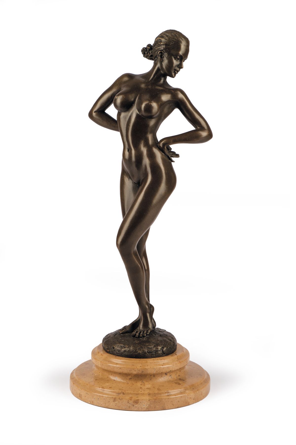 Raymondo, Bildhauer des 20.Jh, Stehender weiblicher Akt, Bronzeskulptur auf Steinsockel, sign., H. ca. 34 cm