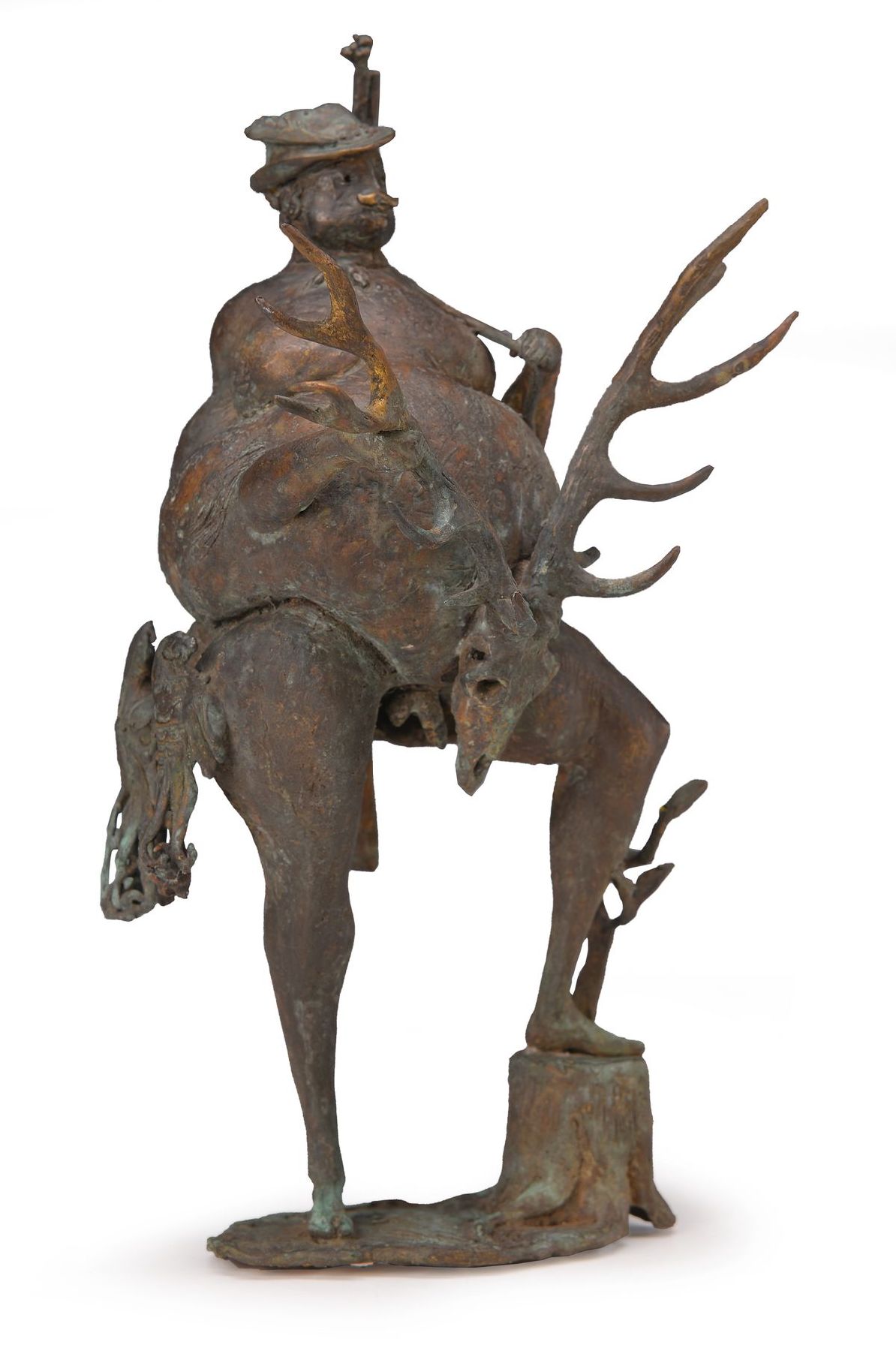 Zeitgenössischer Künstler, monogramm RD o.ä., karikierende Jägerdarstellung, Bronzeskulptur, Holzplinthe lose, H. 36 cm