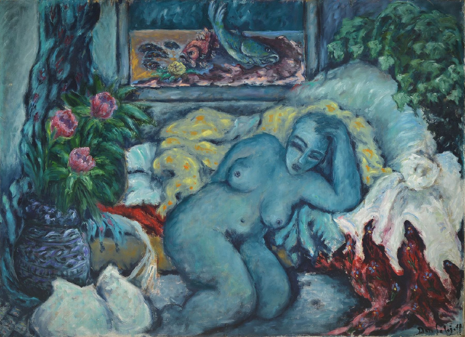 Dan Solojoff, 1908 - 1994, weiblicher Akt, Öl/Lwd, sog. Bild im Bild, hinter dem liegenden Akt, hängt noch ein Stillleben mit Fischen an der Wand, ...