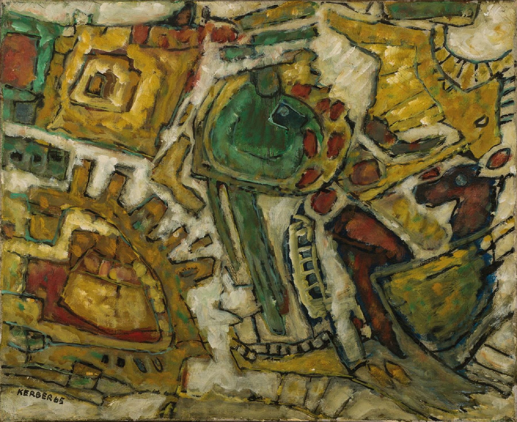 Paul Henning Kerber, geb. 1927, dänischer Künstler , hier abstraktes, farbenfrohes Werk von 1965, Öl/Lwd, rückseitig signiert undvorne li. ...