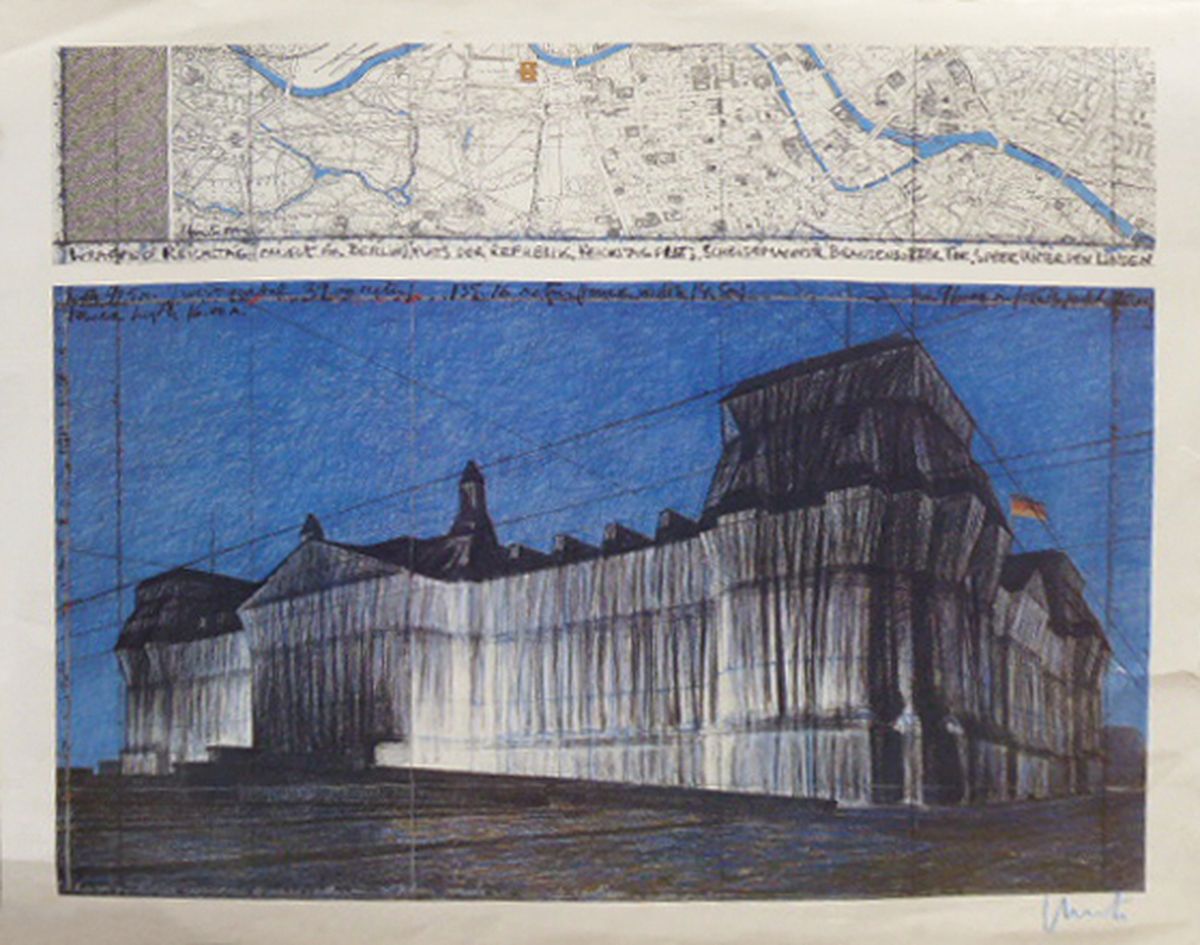Christo, geb. 1935, Wrapped Reichstag, Farboffset, handsign., Blattgr. 99x110 cm, Blattränder verschmutzt und Risse zusehen