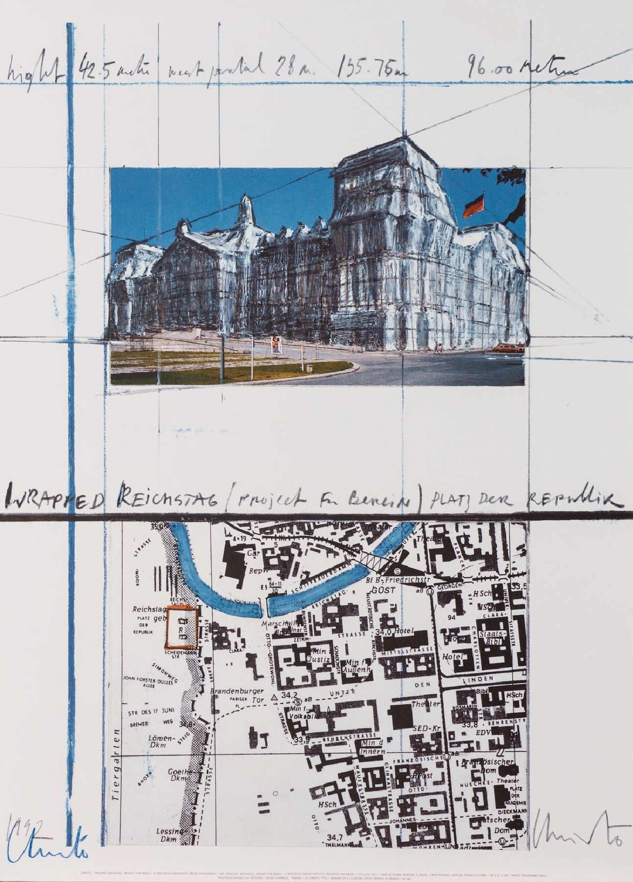 Christo, geb. 1935, Wrapped Reichstag, Farboffset, im Druck sign. und dat. 1992, zusätzlich handsign., Blattgr. 70x50 cm