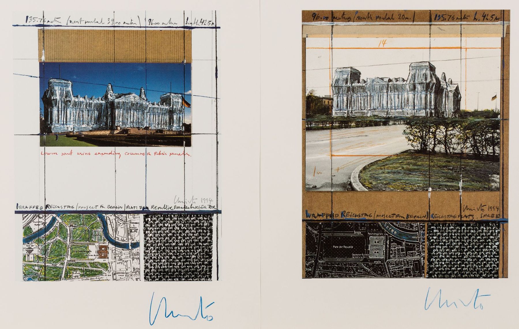 Christo, geb. 1935, Konvolut aus 2 Farboffsets mit Metallfolieneinsätzen, je handsign., Blattgr. je 40x30 cm