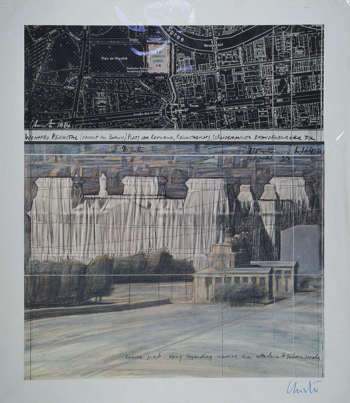Christo, geb. 1935, Wrapped Reichstag, Farboffset, handsign., Blattgr. 80x70 cm, oberer Blattrand leicht verschmutzt