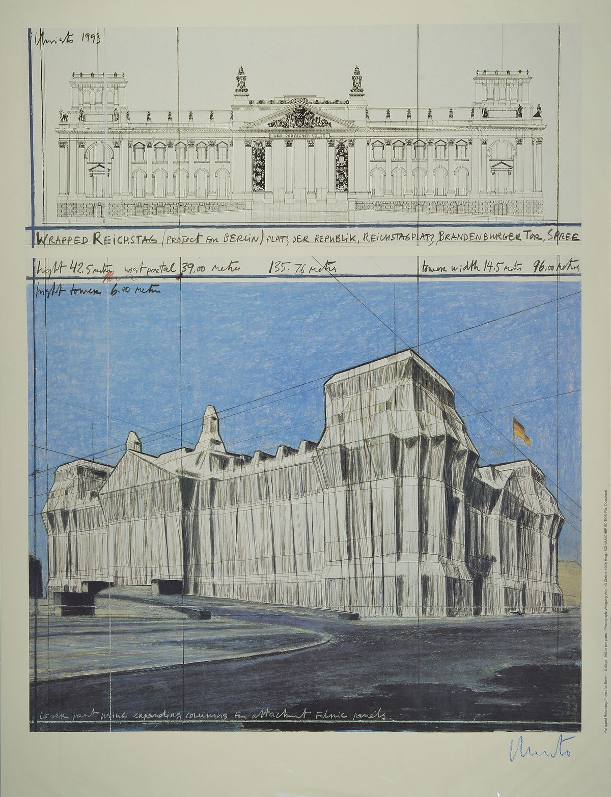 Christo, geb. 1935, Wrapped Reichstag, Farboffset der Collage, handsign., Blattgr. 85x65 cm
