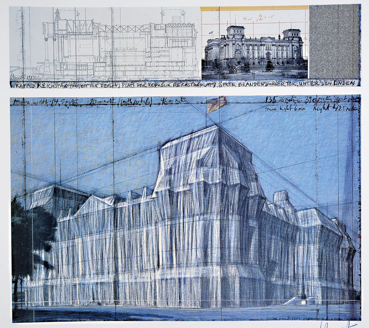 Christo, geb. 1935, Wrapped Reichstag, Farboffset der Collage, handsign., Blattgr. 70x80 cm