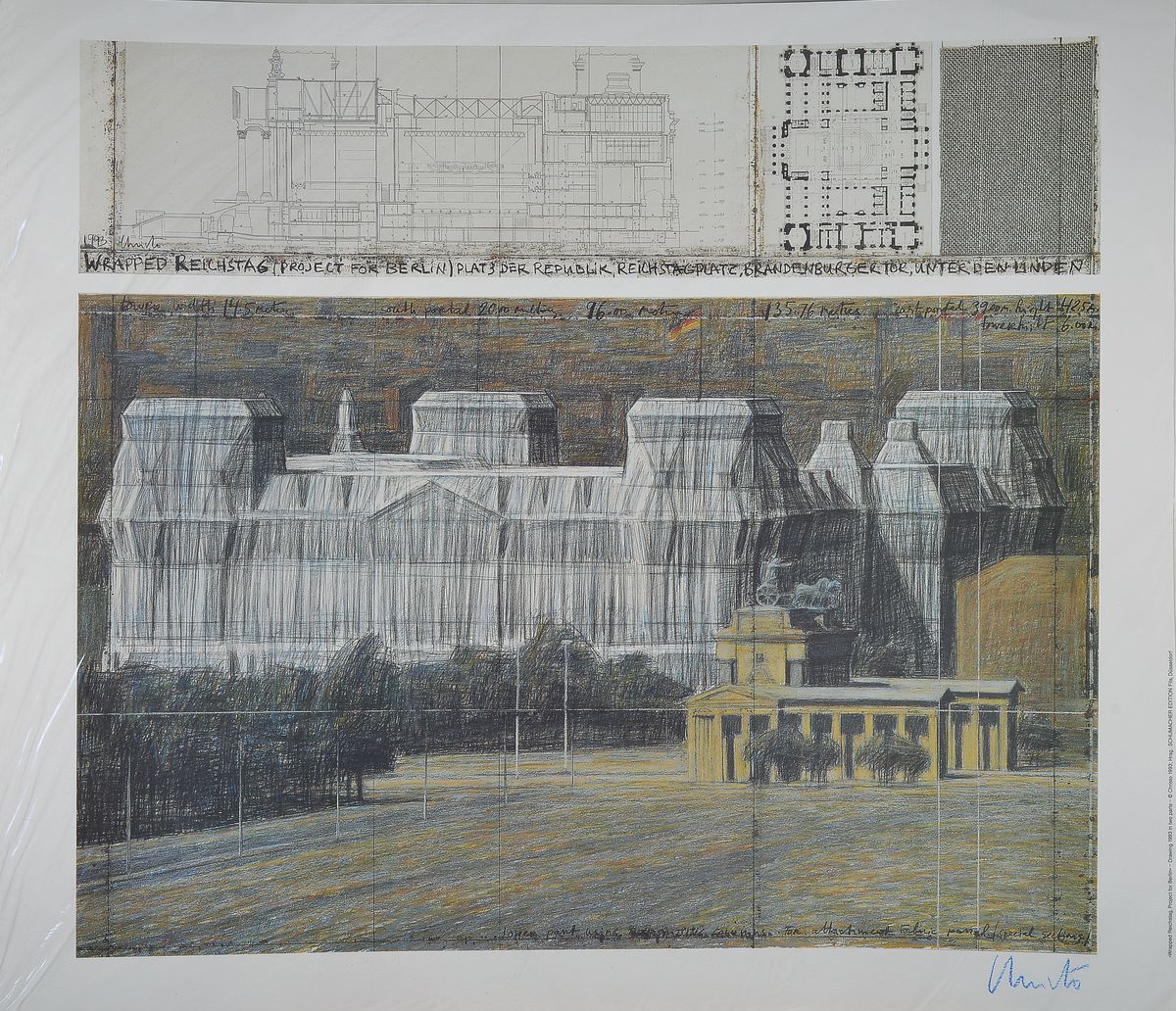 Christo, geb. 1935, Wrapped Reichstag, Farboffset der Collage, handsign., Blattgr. 70x80 cm