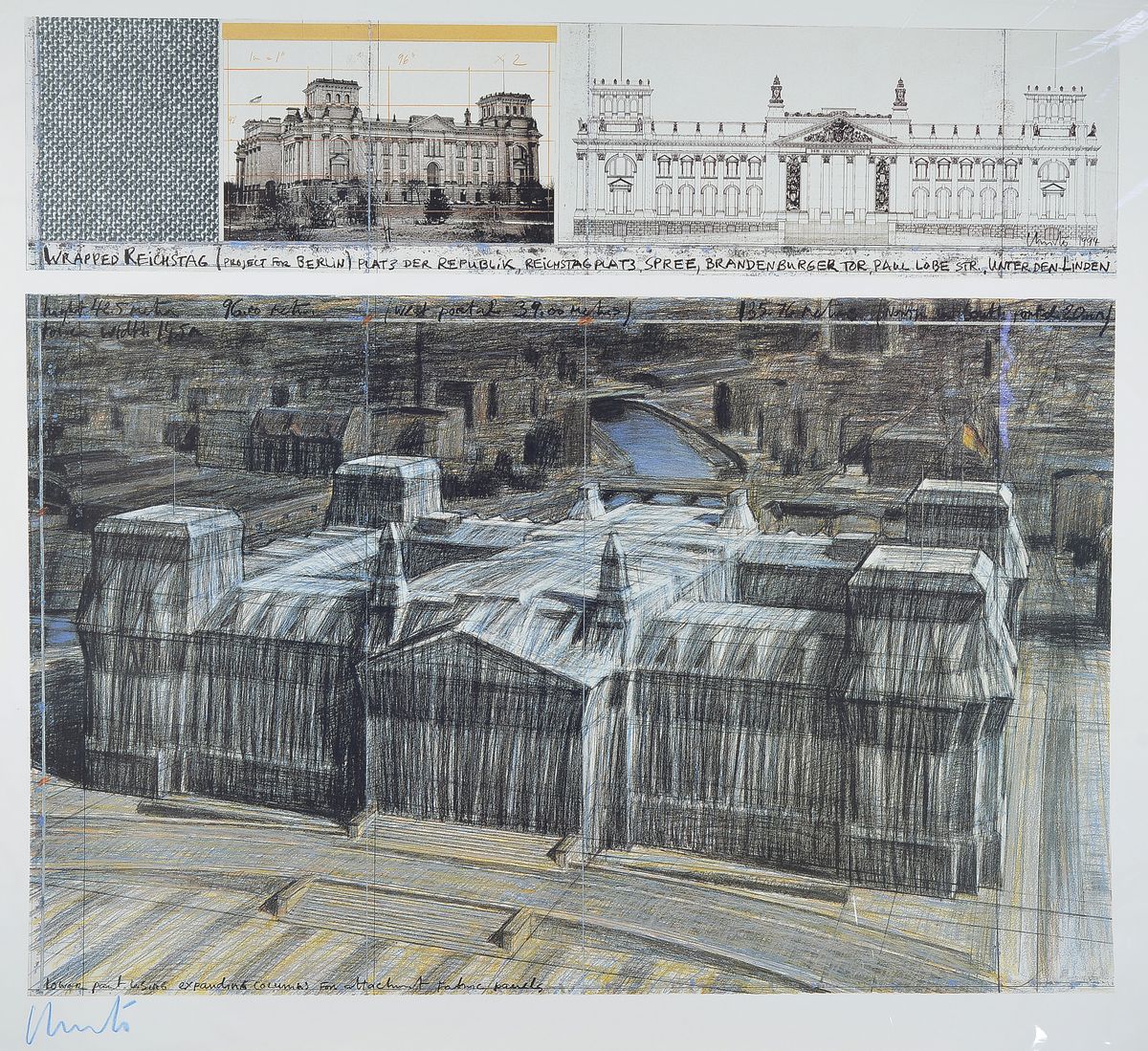 Christo, geb. 1935, Wrapped Reichstag, Farboffset der Collage, handsign., Blattgr. 70x80 cm
