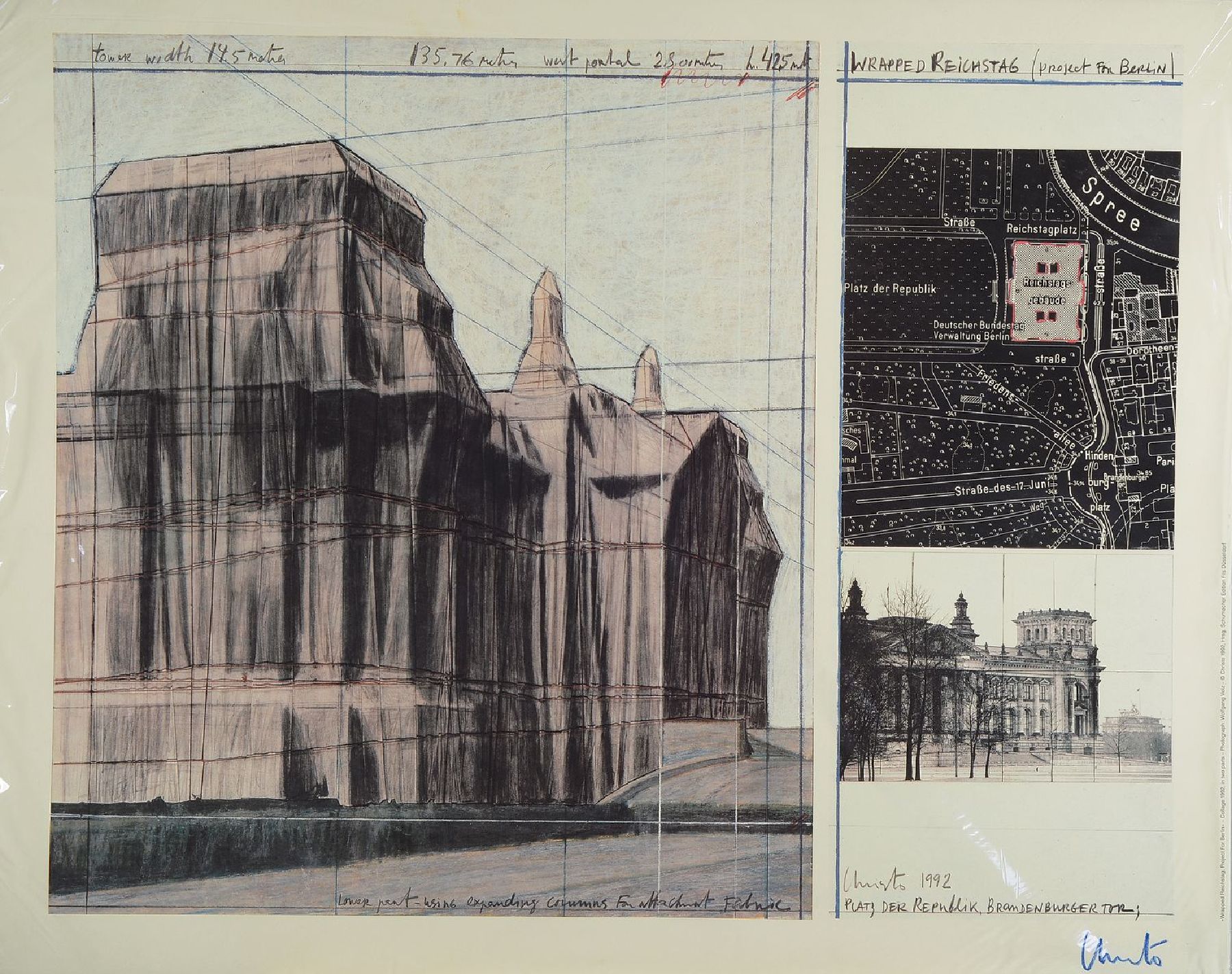 Christo, geb. 1935, Wrapped Reichstag, Farboffset der Collage 1992, handsign., Blattgr. 65x82 cm