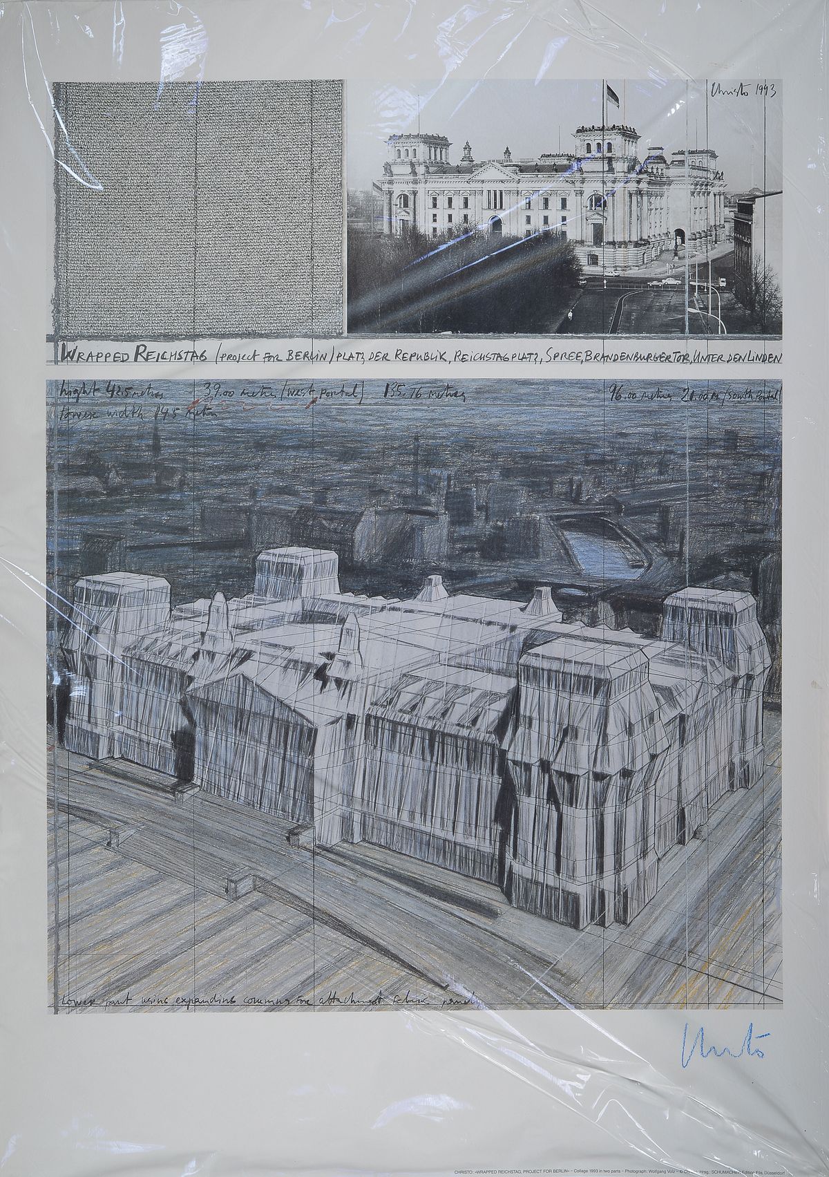 Christo, geb. 1935, Wrapped Reichstag, Farboffset, handsign., Blattgr. 100x70 cm
