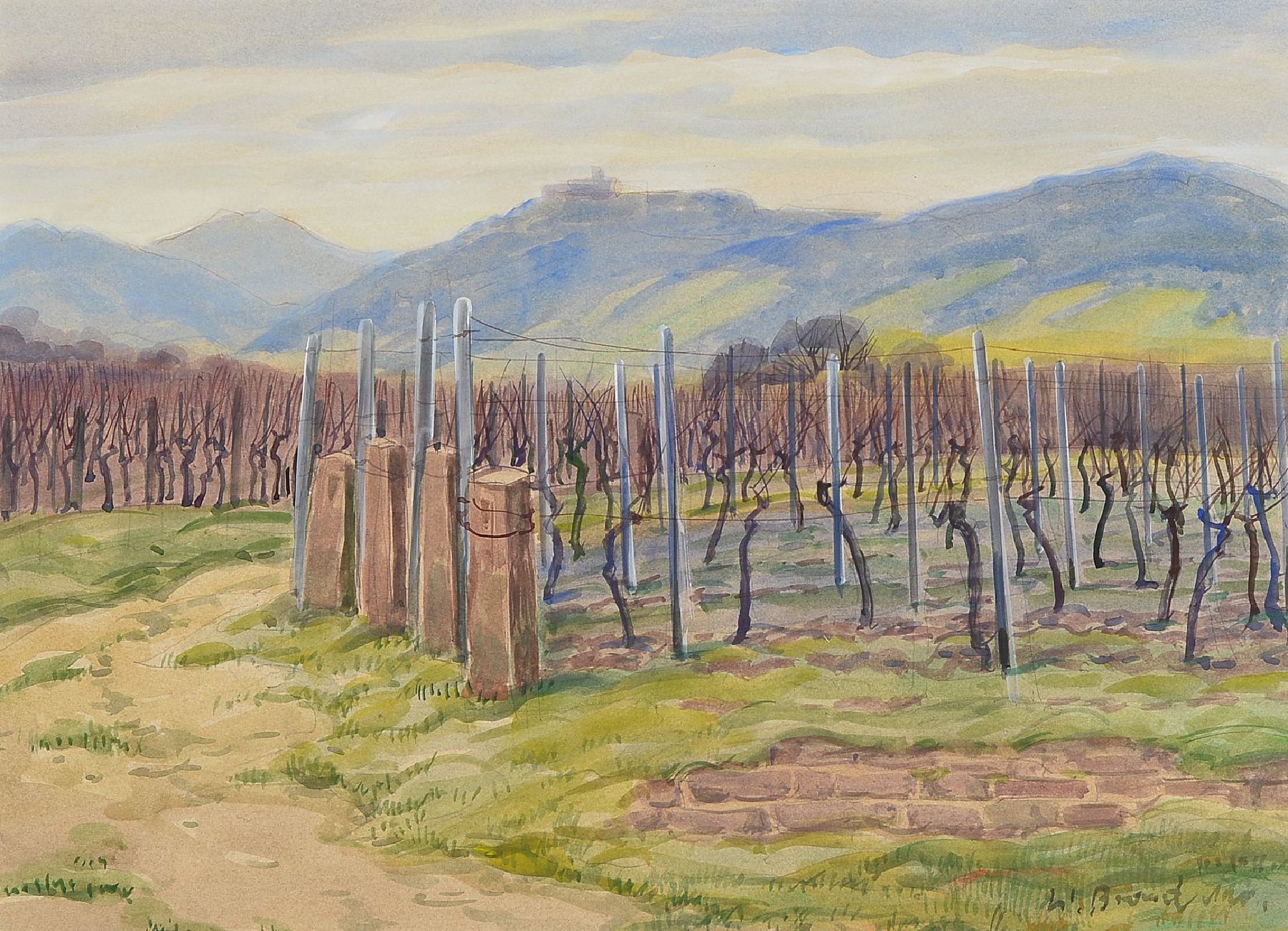Werner Brand, geb. 1933 Löbau, Wingert an der Weinstraße mit Blick, auf das Hambacher Schloß, Aquarell, re. u. signiert, ca. 31 x 42 cm/53 x, 62.5 ...