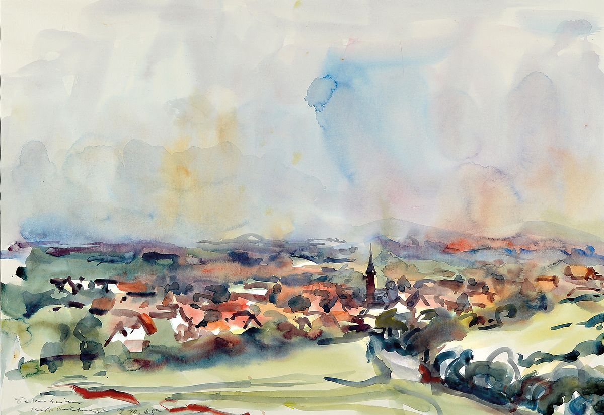 Karl Hufnagel, 1906 Harthausen- 1995, Dürkheim, Aquarell, sign., dat. 9.10.85, bezeichnet, ca. 41x58 cm, unter Glas im aufwendigen Galerierahmen, ...